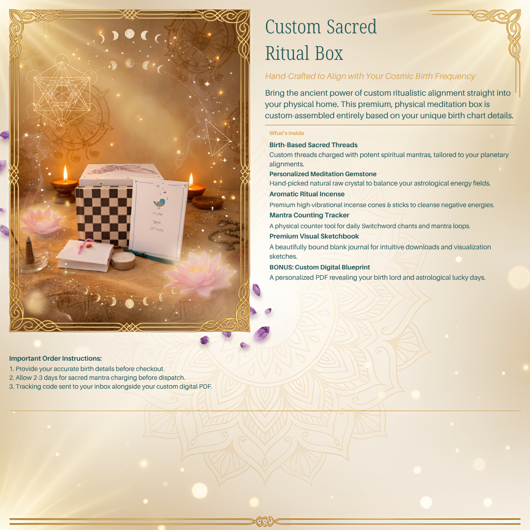 Custom Sacred Ritual Box product listing graphic with a decorative gold border, product photo showing a white box with a black-and-white checkerboard lid, and descriptive text on a beige background with bokeh light effects.