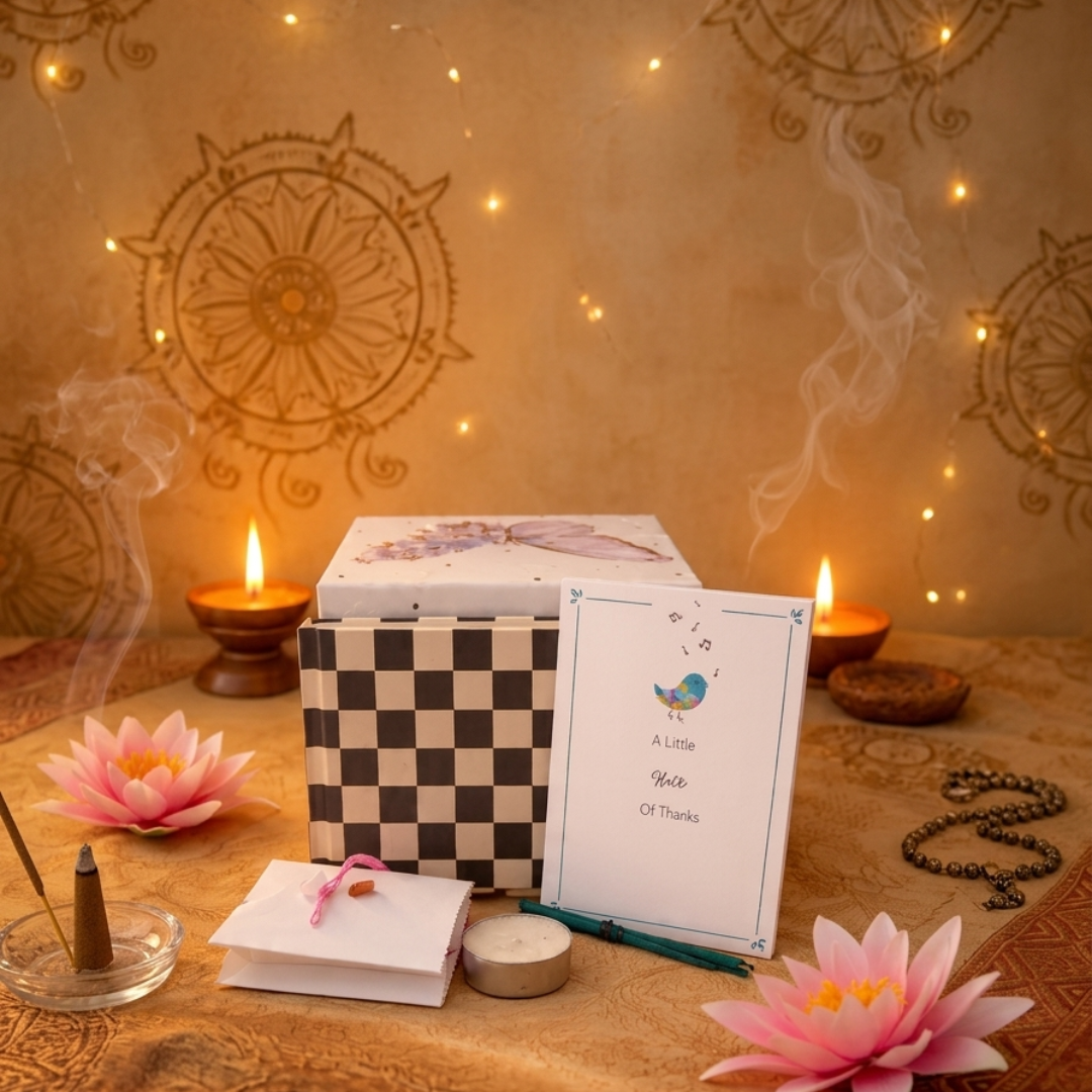 A physical Astro Malki spiritual realignment ritual kit on a gold patterned cloth featuring a checkered box, a white thank you card with a bird, burning incense, lotus flowers, thread and candles.