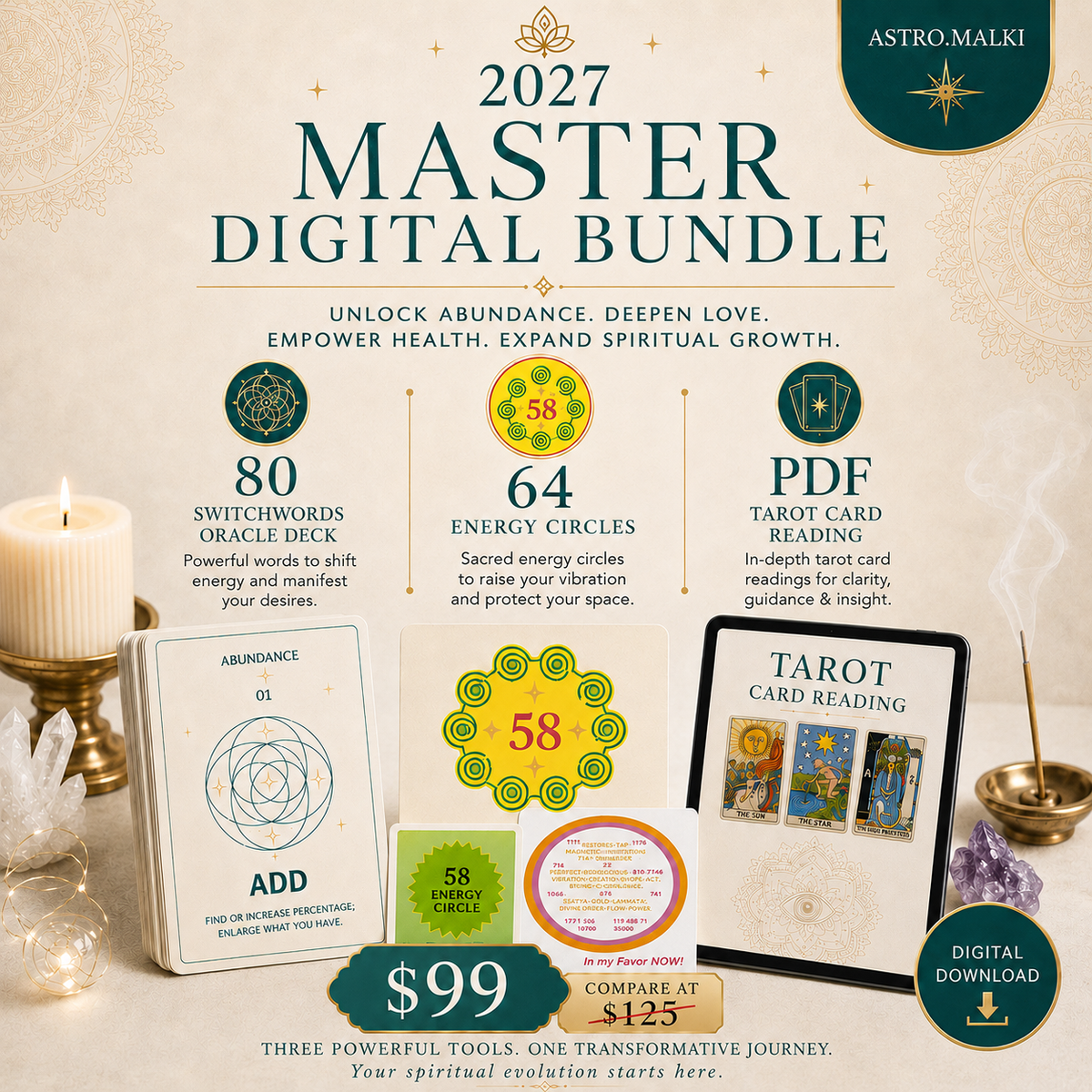 Astro Malki 2027 Master Digital Bundle product advertisement showing an 80-card Switchwords Oracle Deck, a 64 Energy Circles digital PDF guide, and a personalized Tarot Card Reading layout on a tablet for 99 dollars.