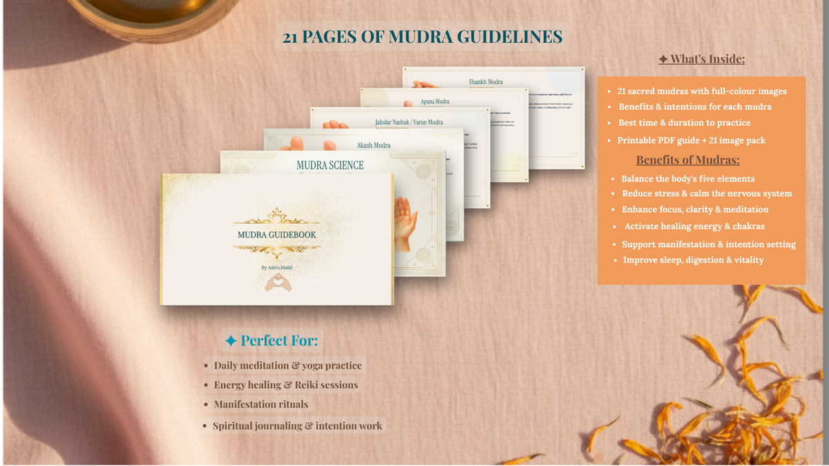 A product mockup for a 'Muda Guided' meditation booklet or guide, showing several pages fanned out and a single cover card on a warm beige background with decorative dried flowers and text callouts.