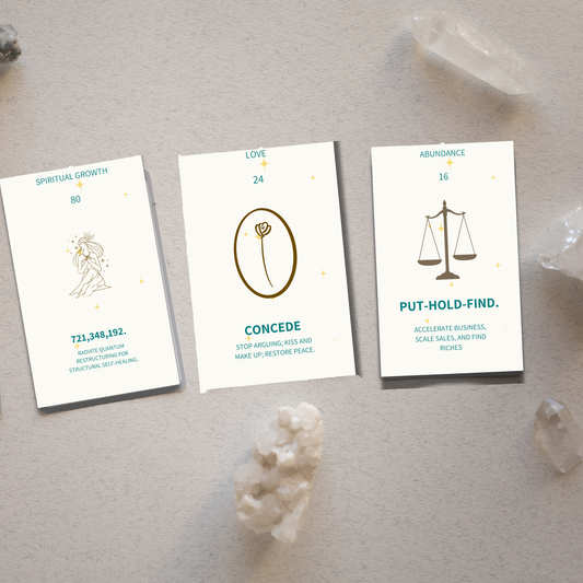 Three Astro Malki abundance switchword card fronts showing Spiritual Growth, Love, and Abundance sections on a stone background with crystals.
