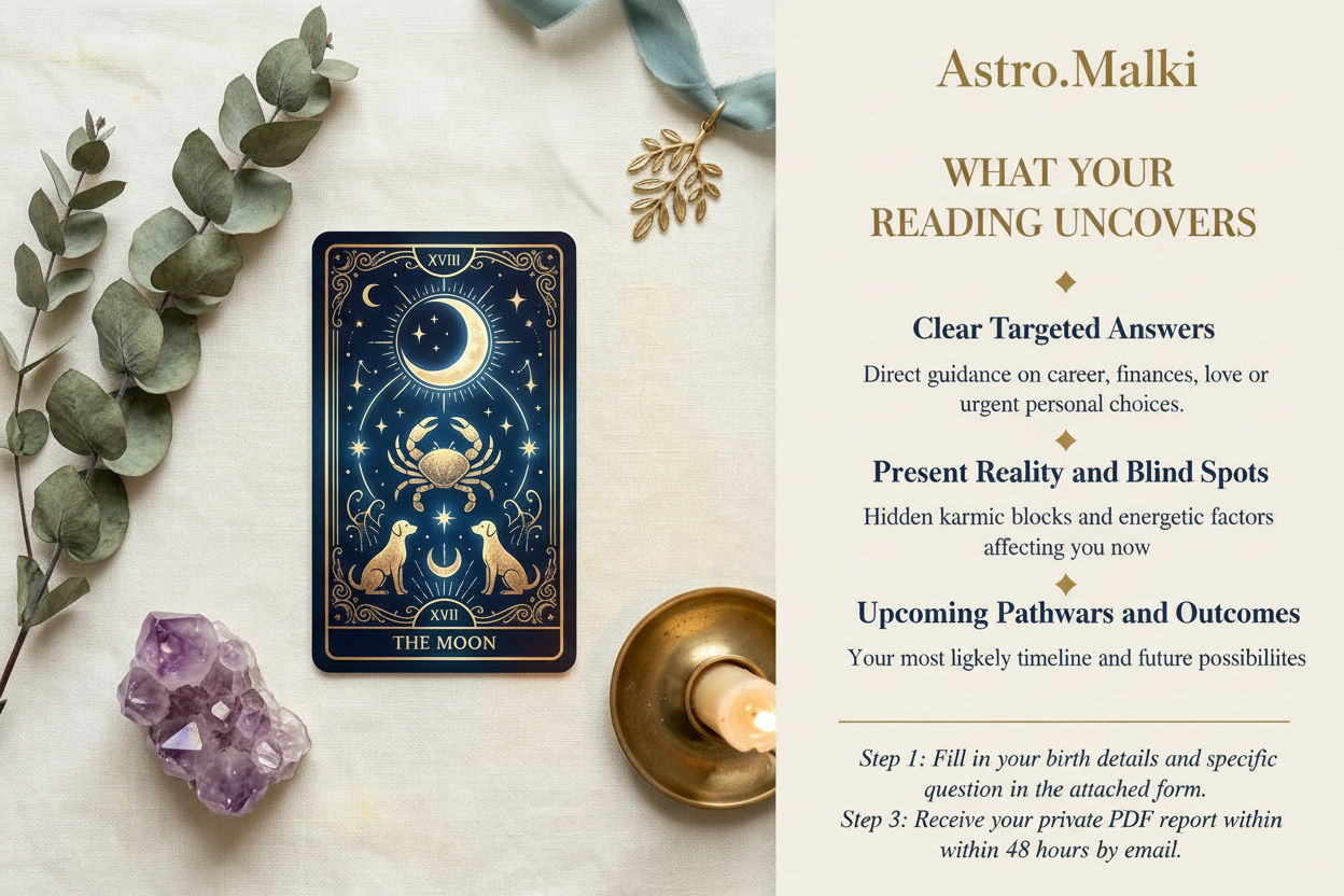 A tarot card titled 'THE MOON' is displayed on a light surface with eucalyptus leaves, a crystal cluster, and a candle, next to a text panel describing reading benefits by Astro.Malki.