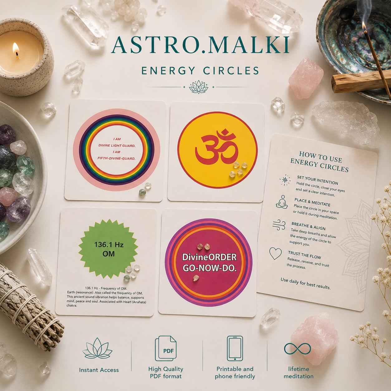 Astro.Malki Energy Circles digital product mockup displaying printable card templates for switchwords, divine light alignment, 136.1 Hz Om frequency, and a "How to Use" instructional card on a white marble background with crystals, candles, and spiritual tools.