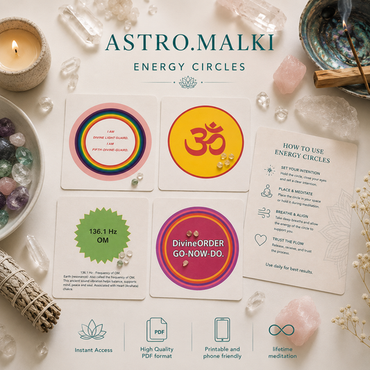 Astro.Malki Energy Circles digital product mockup displaying printable card templates for switchwords, divine light alignment, 136.1 Hz Om frequency, and a "How to Use" instructional card on a white marble background with crystals, candles, and spiritual tools.