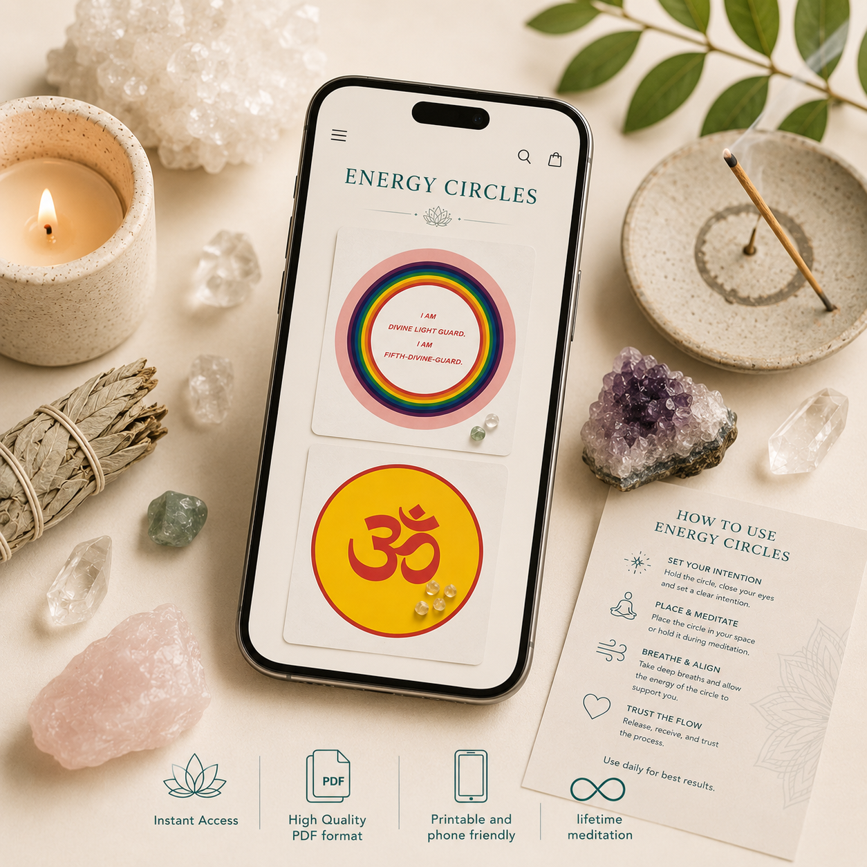 Astro.Malki Energy Circles mobile mockup showing a smartphone screen displaying digital printable card templates for Divine Light Guard and the sacred Om symbol, set on a bright flatlay with crystals, a lit candle, incense, sage, and a printable guide card.
