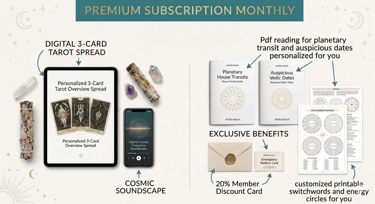 A styled flat lay showcasing everything included in your monthly membership — a personalized 3-card tarot spread, cosmic frequency meditation audio, lunar sync planner, switchwords energy circle PDF, and Vedic auspicious dates, all beautifully arranged with crystals, tea, and gold accents.