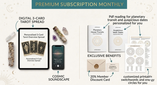 A styled flat lay showcasing everything included in your monthly membership — a personalized 3-card tarot spread, cosmic frequency meditation audio, lunar sync planner, switchwords energy circle PDF, and Vedic auspicious dates, all beautifully arranged with crystals, tea, and gold accents.