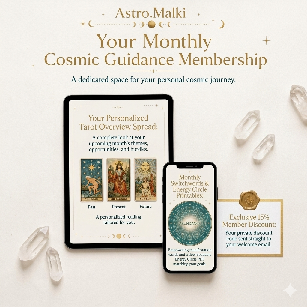 Promotional graphic for Astro.Malki's 'Your Monthly Cosmic Guidance Membership' on a warm cream background.