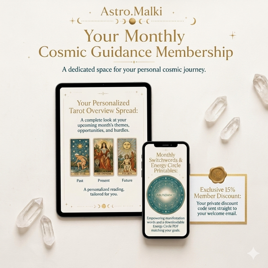 Promotional graphic for Astro.Malki's 'Your Monthly Cosmic Guidance Membership' on a warm cream background.