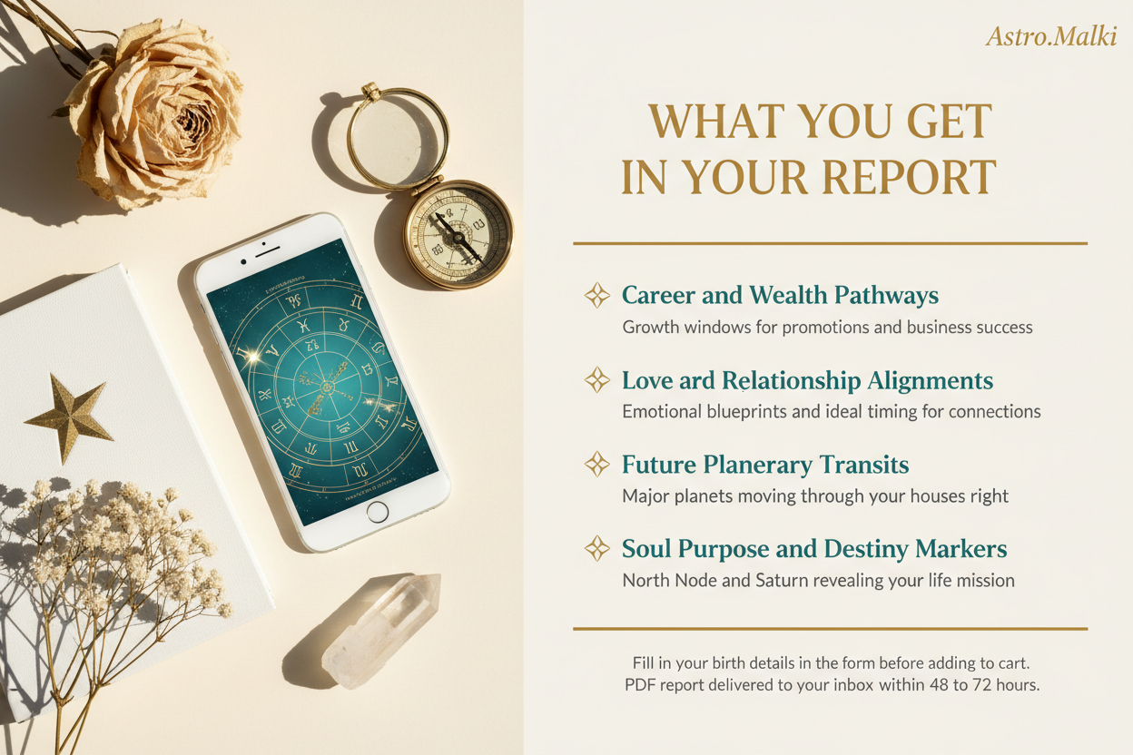 A promotional graphic for a digital PDF report by Astro Malki, titled 'WHAT YOU GET IN YOUR REPORT'. The right side features a clean cream background with gold text listing report contents like career and wealth pathways, love and relationship alignments, future planetary transits, and soul purpose markers.