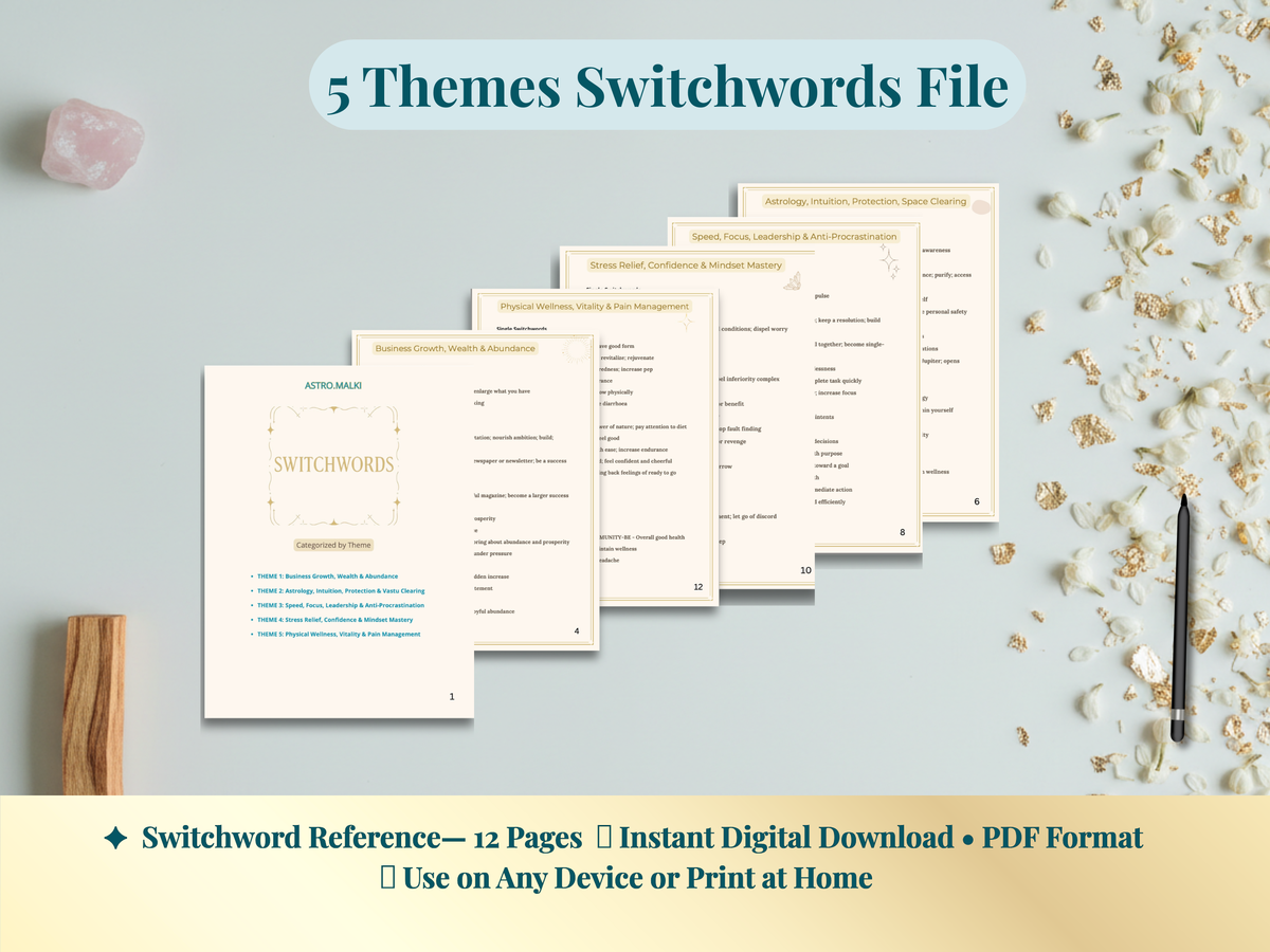 A digital product mockup showing five overlapping template pages titled '5 Themes Switchwords File' on a pale blue background with decorative crystals, dried flowers, and a pen. Text at the bottom describes the switchword reference as a 12-page instant digital download in PDF format.
