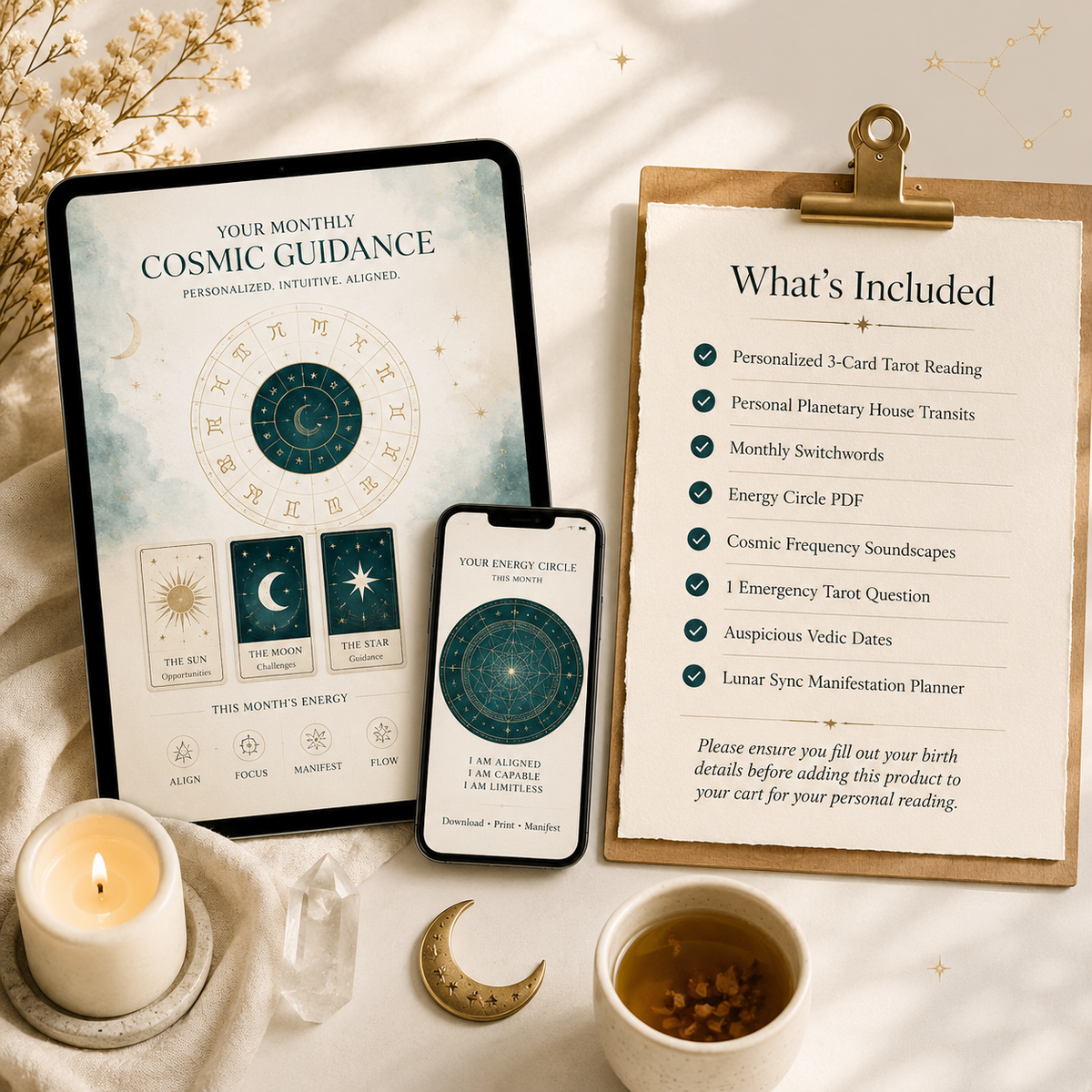 A styled flat-lay of a digital tarot card reading product shown on a tablet and phone, alongside an included checklist sheet on a clipboard. The scene includes a lit candle, a small bowl of tea, a crescent moon ornament, and soft neutral fabric background.