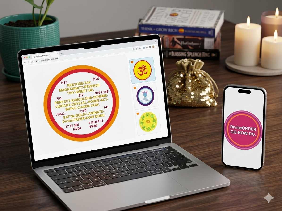Astro.Malki digital desktop mockup showing an open laptop screen displaying a large orange Switchwords Energy Circle template and smaller sacred symbol discs, with an adjacent smartphone showing the Divine Order configuration on a dark wooden desk with books, candles, and a gold sequin pouch.