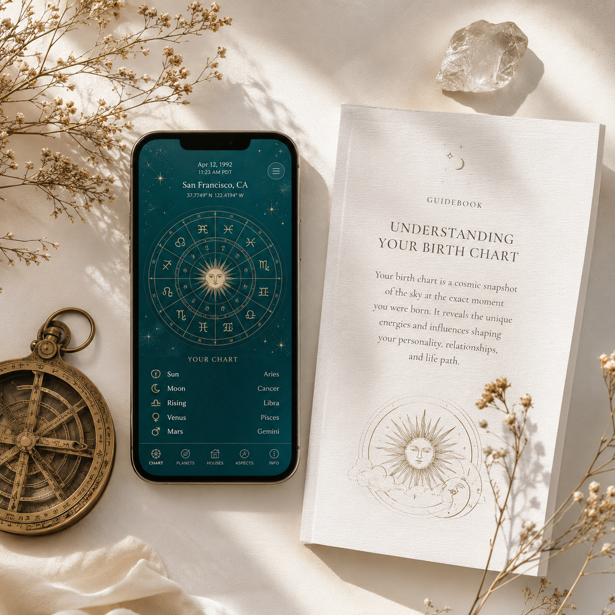Personalized digital astrology reading mockup with a zodiac wheel on a mobile screen and an instructional guidebook.