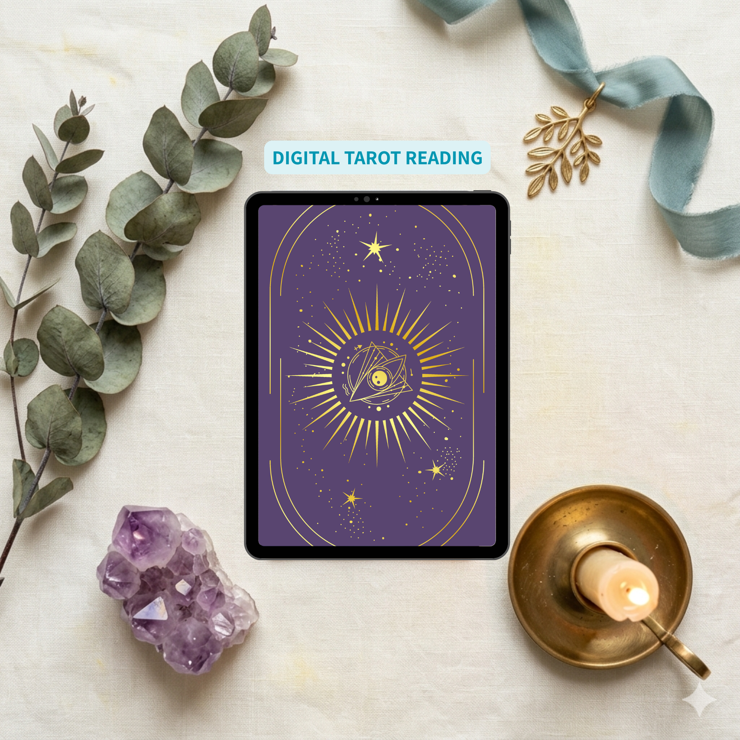 Astro Malki digital tarot reading display on a tablet screen featuring a purple and gold cosmic eye design, surrounded by a raw crystal, a candle, and dried leaves on a linen background.