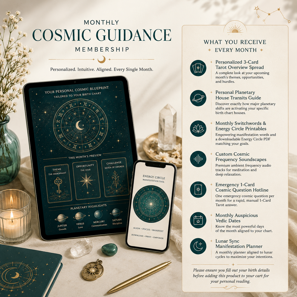 A promotional layout for a monthly cosmic guidance membership product, showing a decorative card set, a phone mockup displaying a digital guide, a notebook, crystals, and text callouts about included contents on a warm beige background.