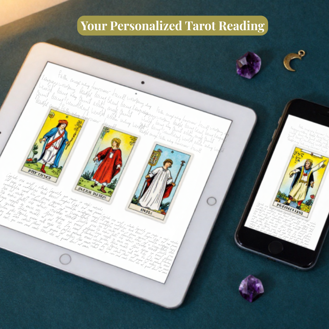 A tablet and smartphone displaying a personalized tarot reading with illustrated tarot cards and handwritten text, arranged on a dark teal surface with small purple crystals and a gold crescent moon charm nearby.