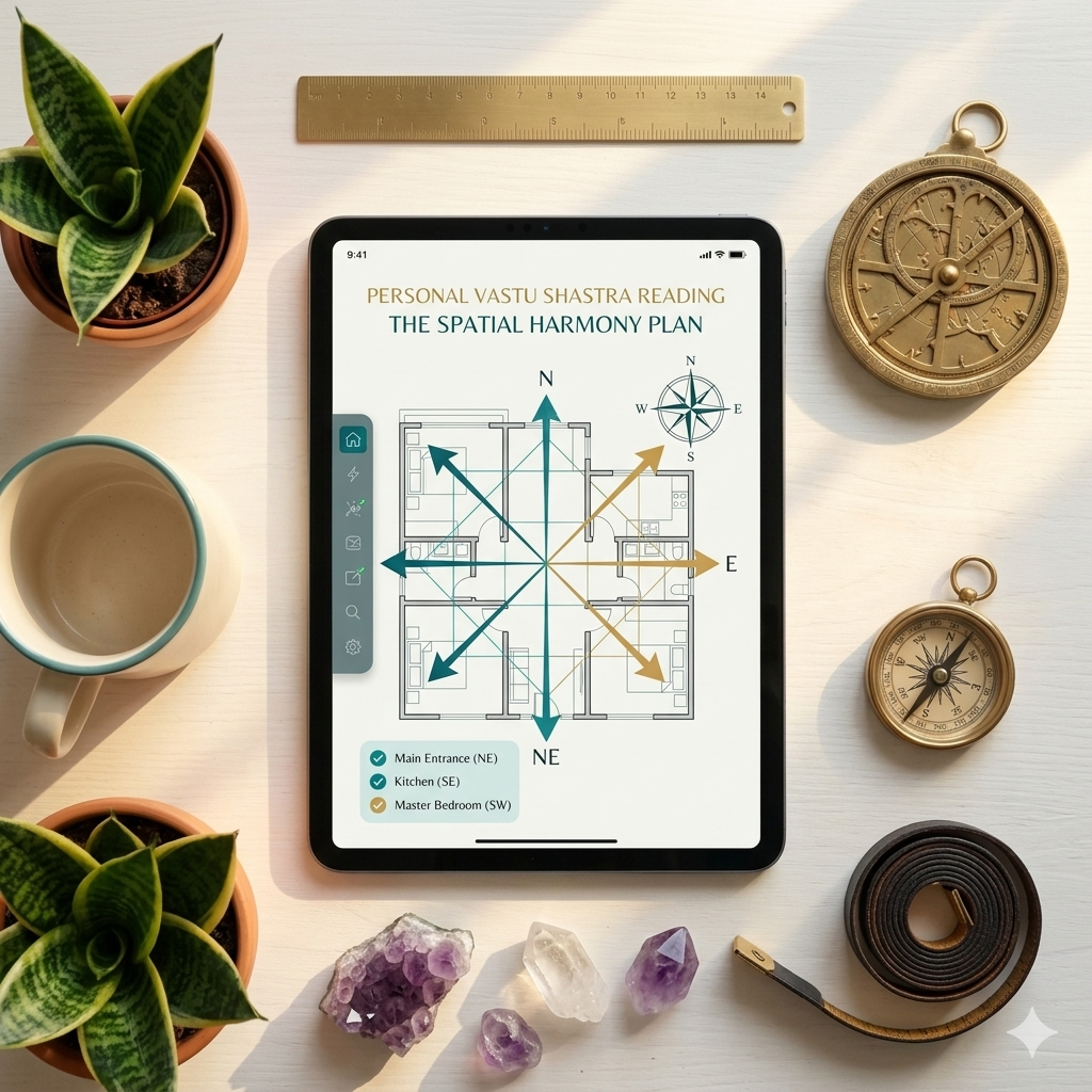 An Astro Malki premium Vastu consultation display showing a home floor plan sketch layout mapped with directional elements next to a compass and green leaves.