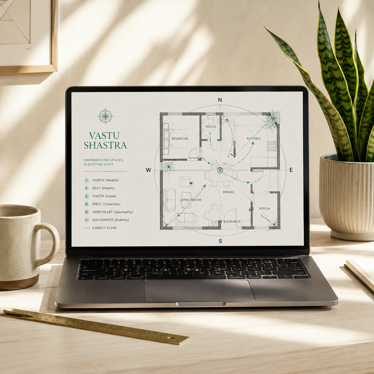 Laptop displaying Vastu Shastra on a desk with a plant and mug.